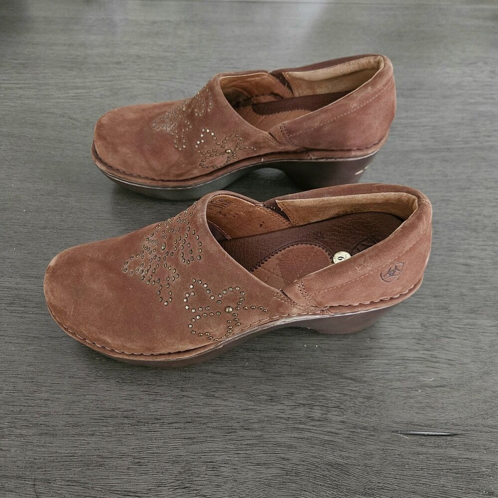 Ariat Strathmore Clogs Brown Nubuck Leather Floral Studded Mule Women's 9 - Picture 4 of 10